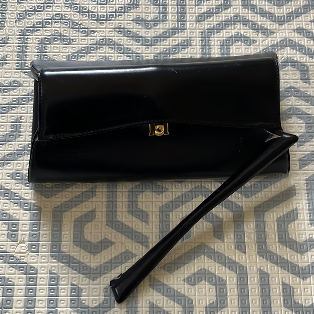 Valextra Black Clutch with Gold Detail and Wristlet